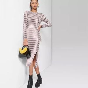 fitted ribbed knit long sleeve midi dress